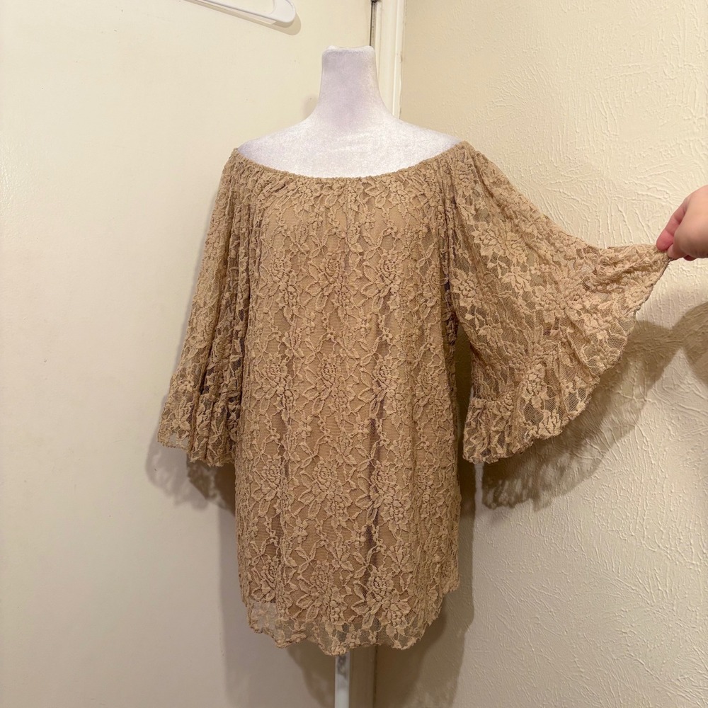 Vintage 90s Tan Floral Lace Off Shoulder Flare Sleeve Tunic Top Boho Fairycore M